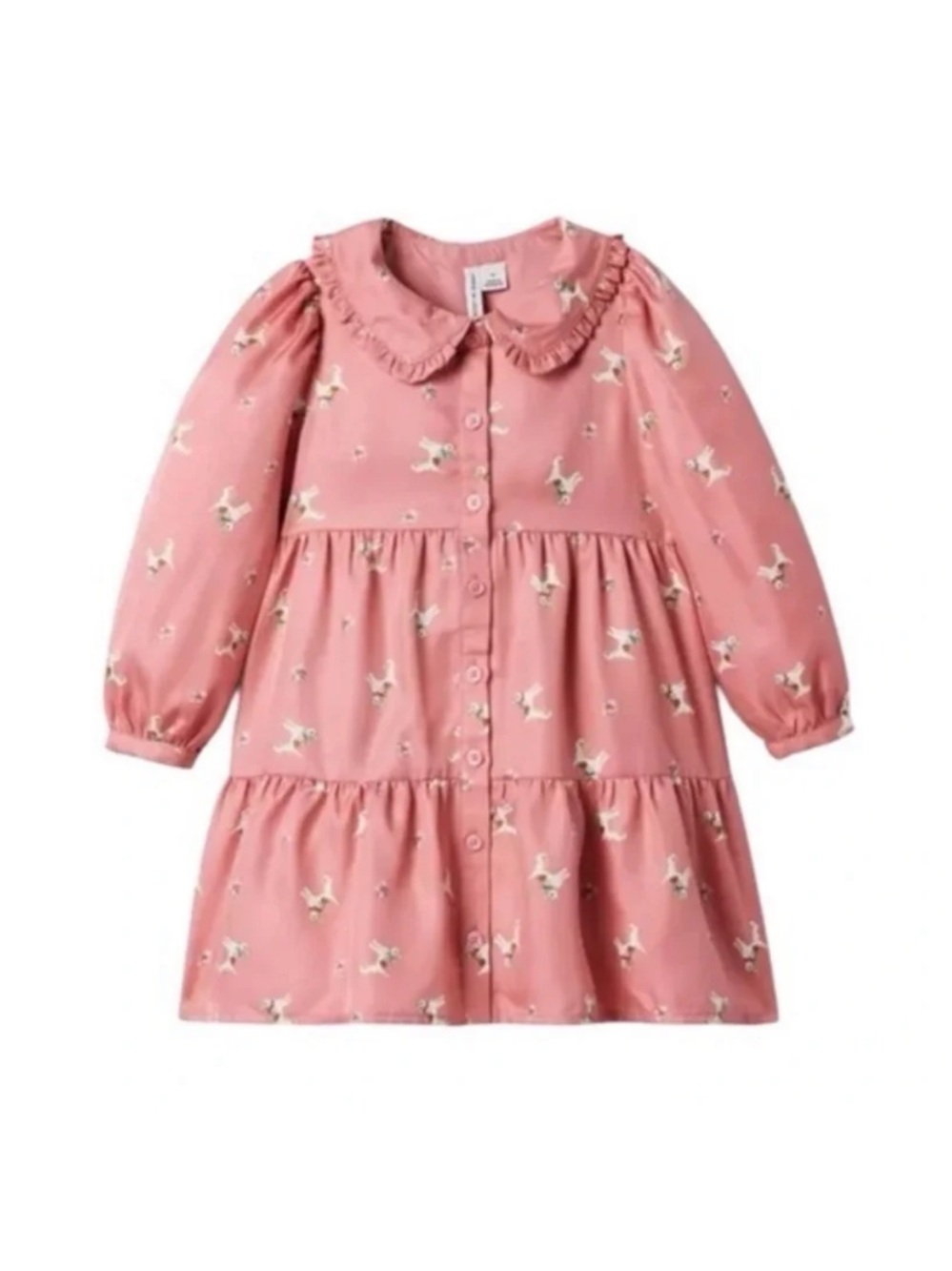 Janie and Jack Pink Dog Print Tiered Dress | Size 5 | Ruffle Peter Pan Collar